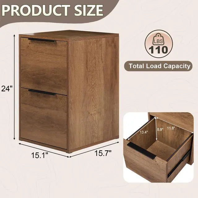 Alt view image 3 of 7 - File Cabinet, 2 Drawer Filing Cabinet for Home Office, Modern Farmhouse File Cabinets with Hanging Rail for Letter Files,Small Vertical File Cabinets, Brown