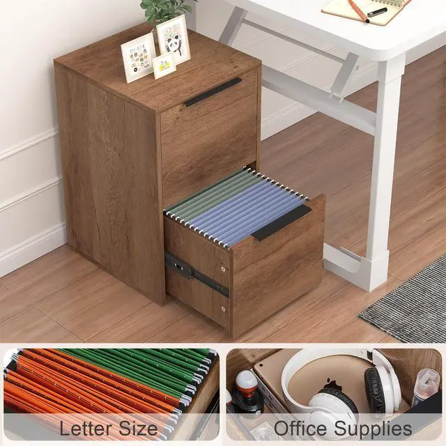 Alt view image 5 of 7 - File Cabinet, 2 Drawer Filing Cabinet for Home Office, Modern Farmhouse File Cabinets with Hanging Rail for Letter Files,Small Vertical File Cabinets, Brown