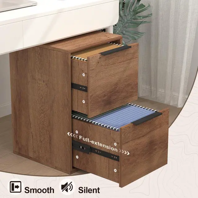 Alt view image 4 of 7 - File Cabinet, 2 Drawer Filing Cabinet for Home Office, Modern Farmhouse File Cabinets with Hanging Rail for Letter Files,Small Vertical File Cabinets, Brown