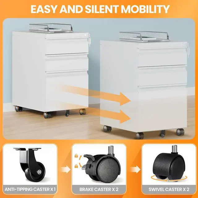 Alt view image 4 of 7 - 3 Drawer Mobile File Cabinet with Lock, Rolling File Cabinets for Home Office, Under Desk Small File Caninet on wheels, Metal Vertical White Filing Cabnet for Legal/Letter/A4 - Assembly Required