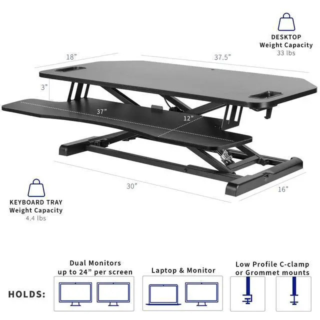 Alt view image 3 of 7 - Extra Wide 38 inch Corner Desk Converter, K Series, Height Adjustable Sit to Stand Riser, Dual Monitor and Laptop Workstation with Wide Keyboard Tray, Black, DESK-V000KL
