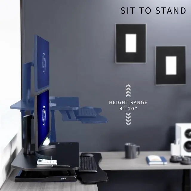Alt view image 4 of 7 - Extra Wide 38 inch Corner Desk Converter, K Series, Height Adjustable Sit to Stand Riser, Dual Monitor and Laptop Workstation with Wide Keyboard Tray, Black, DESK-V000KL