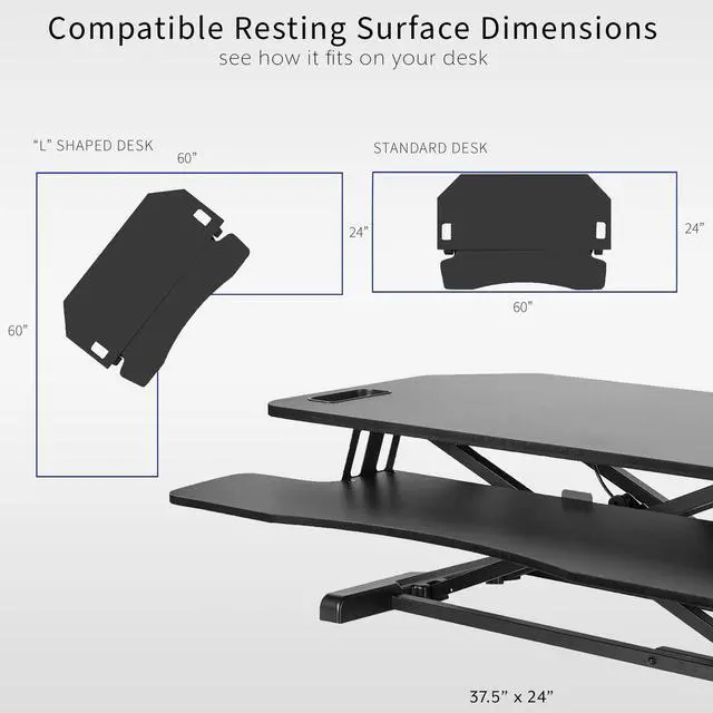 Alt view image 6 of 7 - Extra Wide 38 inch Corner Desk Converter, K Series, Height Adjustable Sit to Stand Riser, Dual Monitor and Laptop Workstation with Wide Keyboard Tray, Black, DESK-V000KL