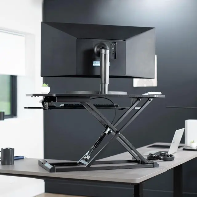 Alt view image 7 of 7 - Extra Wide 38 inch Corner Desk Converter, K Series, Height Adjustable Sit to Stand Riser, Dual Monitor and Laptop Workstation with Wide Keyboard Tray, Black, DESK-V000KL