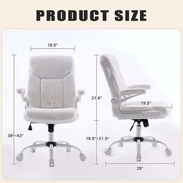 Alt view image 2 of 7 - Fabric Executive Office Chair - White Ergonomic Computer Desk Chair | Flip-up Arms,Cloth Material,Mid Back,Adjustable Height,Swivel Wheels for Short People Women Study Work for Small Space