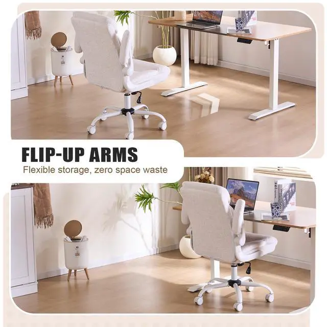 Alt view image 3 of 7 - Fabric Executive Office Chair - White Ergonomic Computer Desk Chair | Flip-up Arms,Cloth Material,Mid Back,Adjustable Height,Swivel Wheels for Short People Women Study Work for Small Space