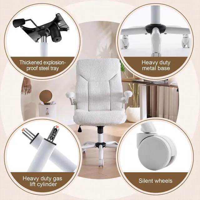 Alt view image 4 of 7 - Fabric Executive Office Chair - White Ergonomic Computer Desk Chair | Flip-up Arms,Cloth Material,Mid Back,Adjustable Height,Swivel Wheels for Short People Women Study Work for Small Space