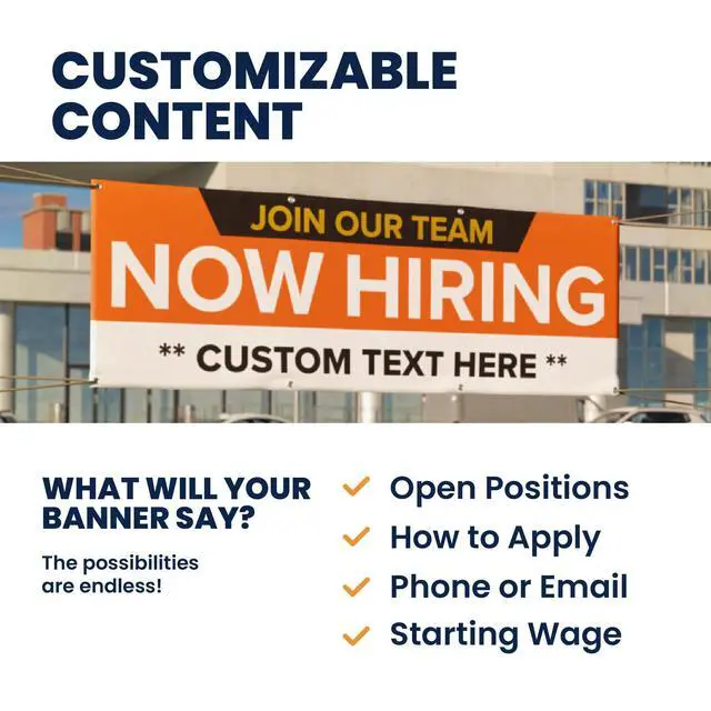 Alt view image 7 of 7 - Customized/Personalized Now Hiring 2x6 Indoor/Outdoor 13 Oz. Vinyl Banner - Orange
