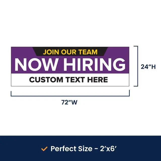 Alt view image 6 of 7 - Customized/Personalized Now Hiring 2x6 Indoor/Outdoor 13 Oz. Vinyl Banner - Purple
