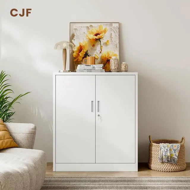 Alt view image 2 of 7 - Metal Storage Cabinet, 36" H Locking Storage Cabinet with Shelves and Doors for Home Office, Garage, Utility Room, Entryway(White)