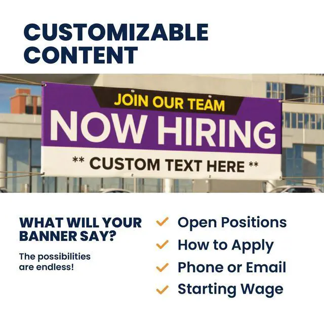 Alt view image 7 of 7 - Customized/Personalized Now Hiring 2x6 Indoor/Outdoor 13 Oz. Vinyl Banner - Purple