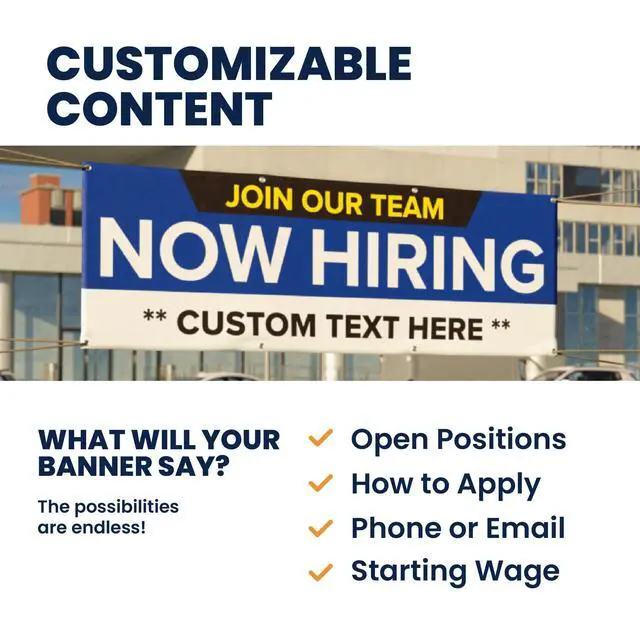 Alt view image 7 of 7 - Customized/Personalized Now Hiring 2x6 Indoor/Outdoor 13 Oz. Vinyl Banner - Blue