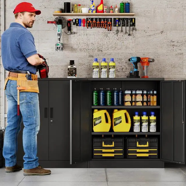Alt view image 2 of 7 - Metal Storage Cabinet, 36" H Locking Storage Cabinet with Shelves and Doors, Metal Cabinets for Home Office, Garage, Utility Room and Basement (Black)