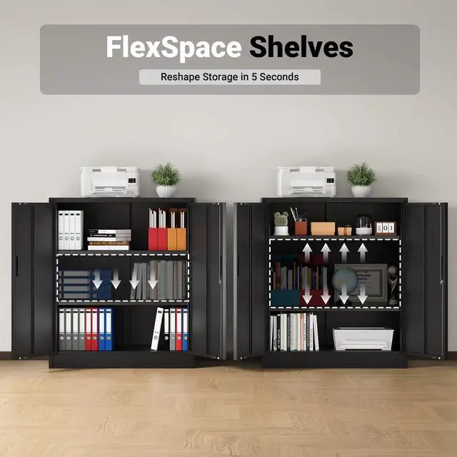 Alt view image 4 of 7 - Metal Storage Cabinet, 36" H Locking Storage Cabinet with Shelves and Doors, Metal Cabinets for Home Office, Garage, Utility Room and Basement (Black)