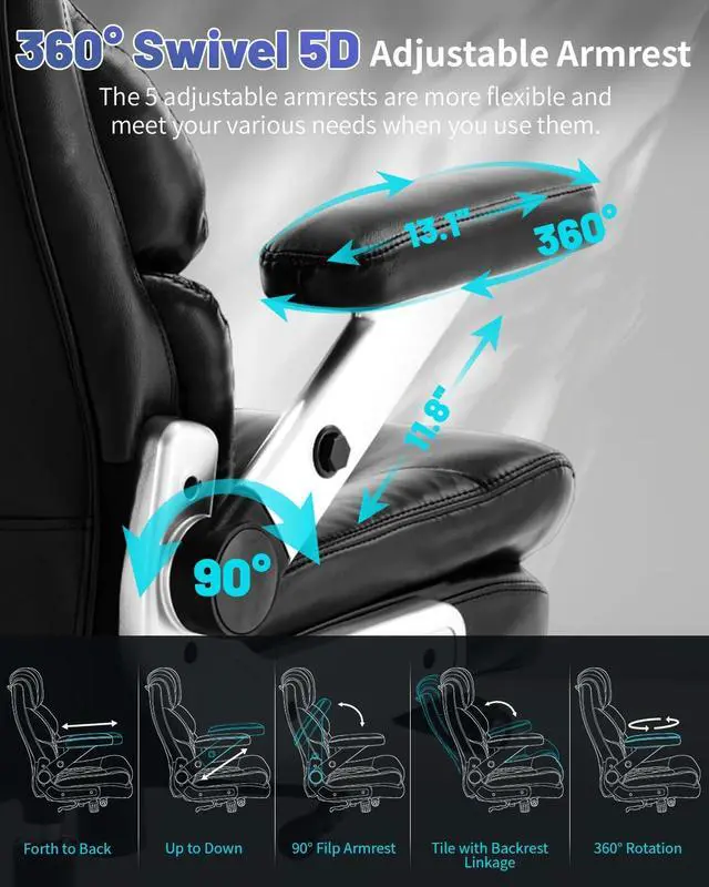 Alt view image 3 of 7 - 800LBS Big and Tall Office Chair for Heavy People, Heavy Duty Executive Chair with High Back, Extra Wide Seat and Adjustable Lumbar, Large Computer Desk Chair Comfortable for Home Office