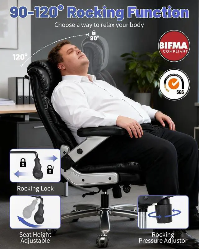 Alt view image 4 of 7 - 800LBS Big and Tall Office Chair for Heavy People, Heavy Duty Executive Chair with High Back, Extra Wide Seat and Adjustable Lumbar, Large Computer Desk Chair Comfortable for Home Office