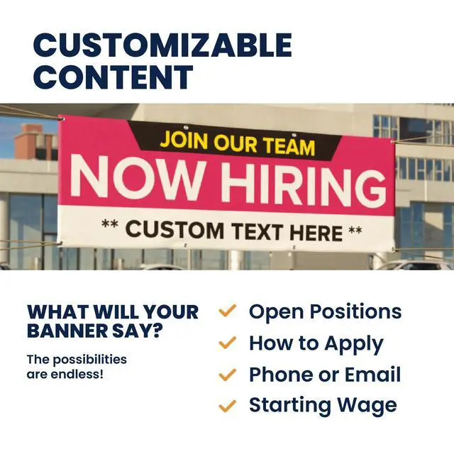 Alt view image 7 of 7 - Customized/Personalized Now Hiring 2x6 Indoor/Outdoor 13 Oz. Vinyl Banner - Pink