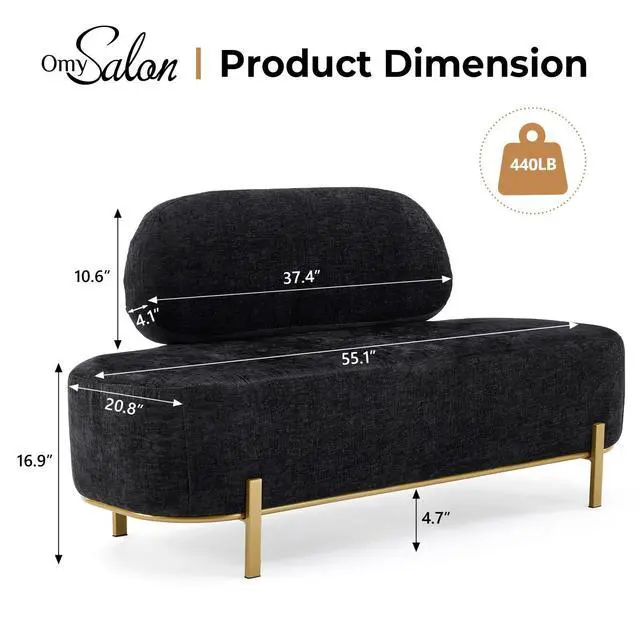 Alt view image 2 of 7 - Waiting Room Bench with Back, 55.1" Office Guest Chair, Chenille Fabric Reception Seating, Lobby Bench for Beauty Salon Barbershop Airport Bank Hall Room Conference