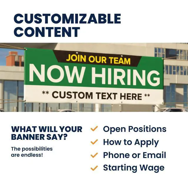 Alt view image 7 of 7 - Customized/Personalized Now Hiring 2x6 Indoor/Outdoor 13 Oz. Vinyl Banner - Green