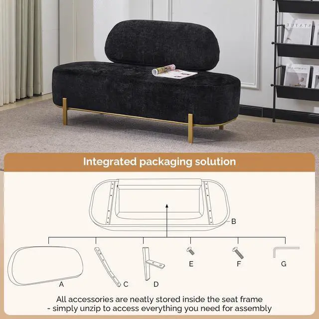 Alt view image 7 of 7 - Waiting Room Bench with Back, 55.1" Office Guest Chair, Chenille Fabric Reception Seating, Lobby Bench for Beauty Salon Barbershop Airport Bank Hall Room Conference