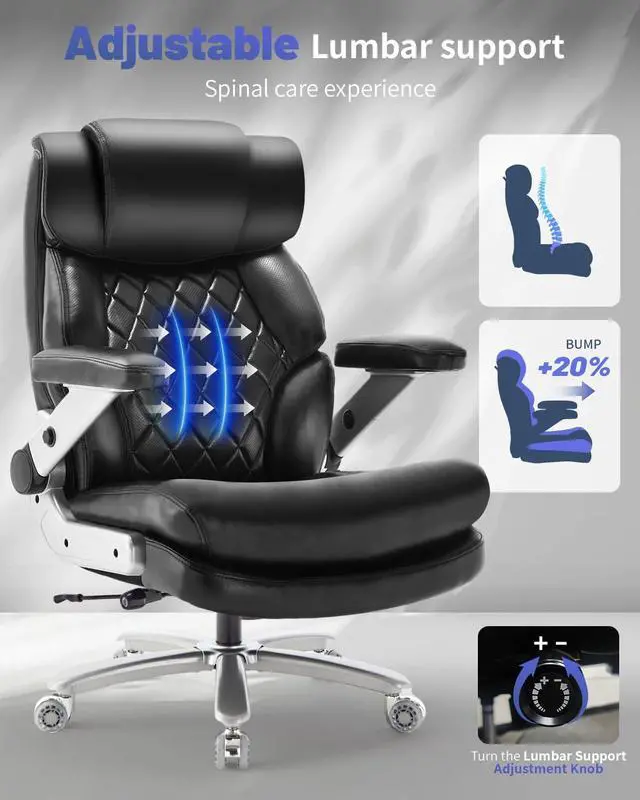 Alt view image 7 of 7 - 800LBS Big and Tall Office Chair for Heavy People, Heavy Duty Executive Chair with High Back, Extra Wide Seat and Adjustable Lumbar, Large Computer Desk Chair Comfortable for Home Office