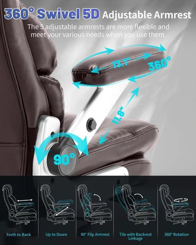 Alt view image 3 of 7 - 800LBS Big and Tall Office Chair for Heavy People, Heavy Duty Executive Chair with High Back, Extra Wide Seat and Adjustable Lumbar, Large Computer Desk Chair Comfortable for Home Office