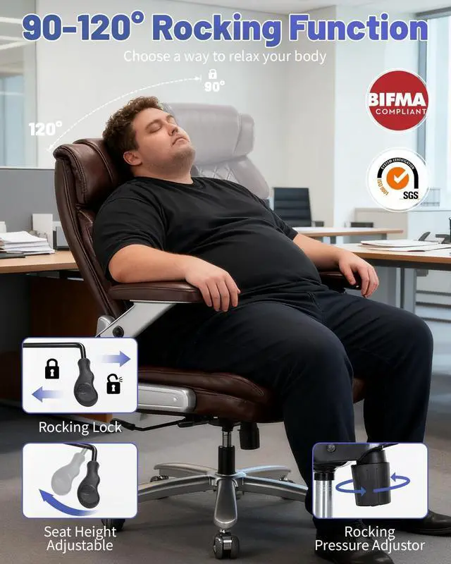 Alt view image 4 of 7 - 800LBS Big and Tall Office Chair for Heavy People, Heavy Duty Executive Chair with High Back, Extra Wide Seat and Adjustable Lumbar, Large Computer Desk Chair Comfortable for Home Office