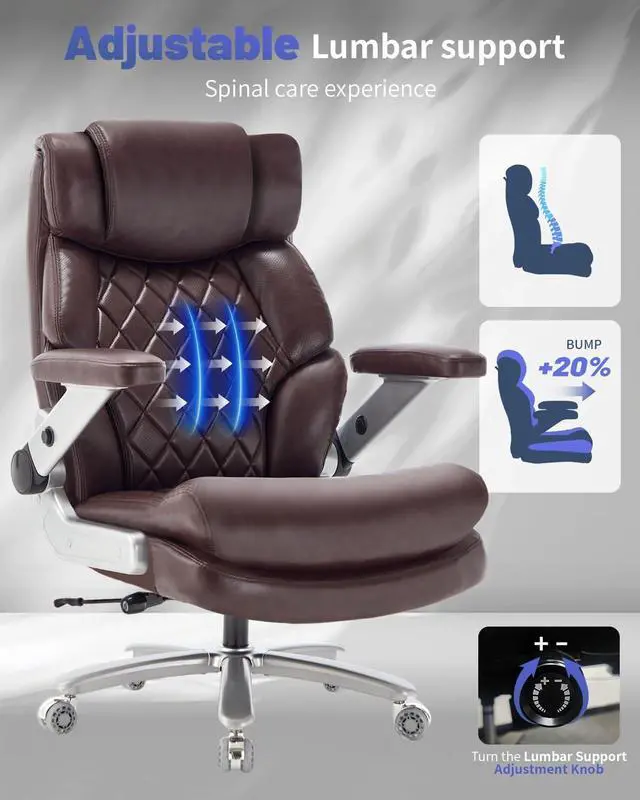 Alt view image 5 of 7 - 800LBS Big and Tall Office Chair for Heavy People, Heavy Duty Executive Chair with High Back, Extra Wide Seat and Adjustable Lumbar, Large Computer Desk Chair Comfortable for Home Office