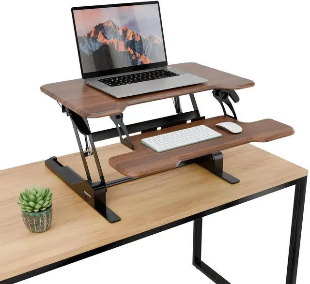 Main image of Height Adjustable Standing Desk Converter, Compact 30 Wide Tabletop Standing Desk Riser with Gas Spring, Desktop Stand Up Workstation with Keyboard Tray Fits Monitor or Laptop, Dark Walnut