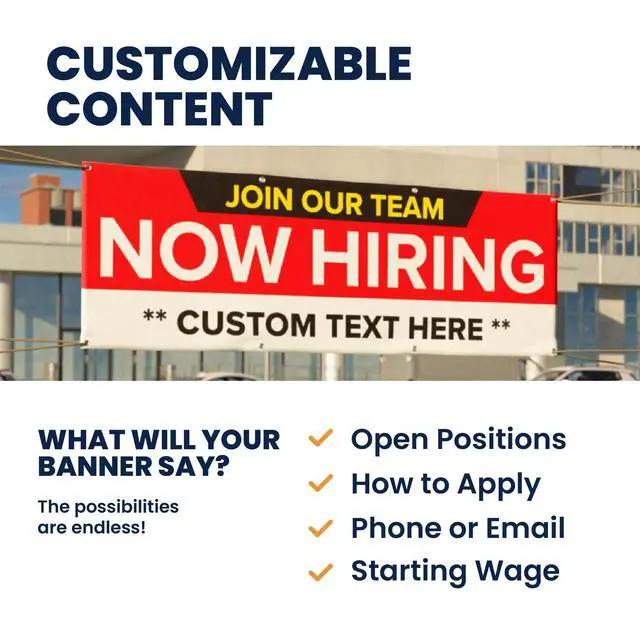 Alt view image 7 of 7 - Customized/Personalized Now Hiring 2x6 Indoor/Outdoor 13 Oz. Vinyl Banner - Red