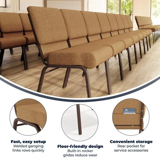 Alt view image 4 of 7 - Caramel Fabric 21" W Stacking Church Chair | Copper Vein Frame, Fabric Upholstery