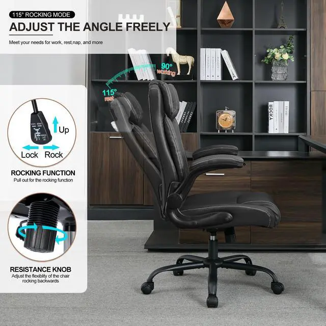 Alt view image 3 of 7 - Office Desk Chair,Ergonomic Conference Room Chairs,Mid Back Executive Leather Chair,Comfy Computer Desk Chairs with Adjustable Flip-Up Arms and Rocking Function (Black)