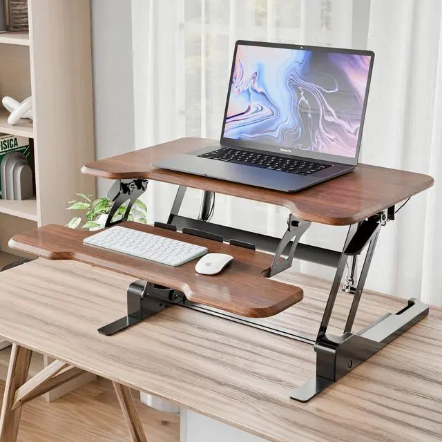 Alt view image 2 of 7 - Height Adjustable Standing Desk Converter, Compact 30 Wide Tabletop Standing Desk Riser with Gas Spring, Desktop Stand Up Workstation with Keyboard Tray Fits Monitor or Laptop, Dark Walnut