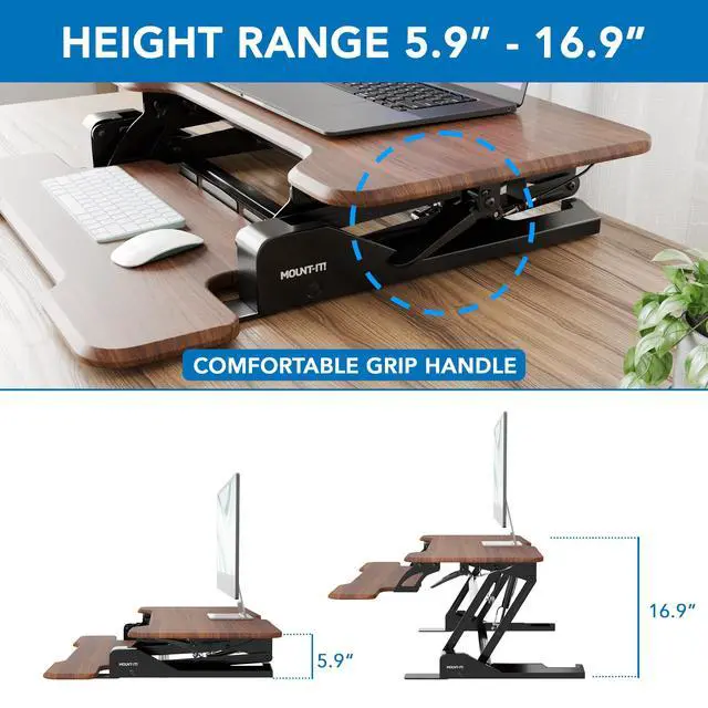 Alt view image 3 of 7 - Height Adjustable Standing Desk Converter, Compact 30 Wide Tabletop Standing Desk Riser with Gas Spring, Desktop Stand Up Workstation with Keyboard Tray Fits Monitor or Laptop, Dark Walnut
