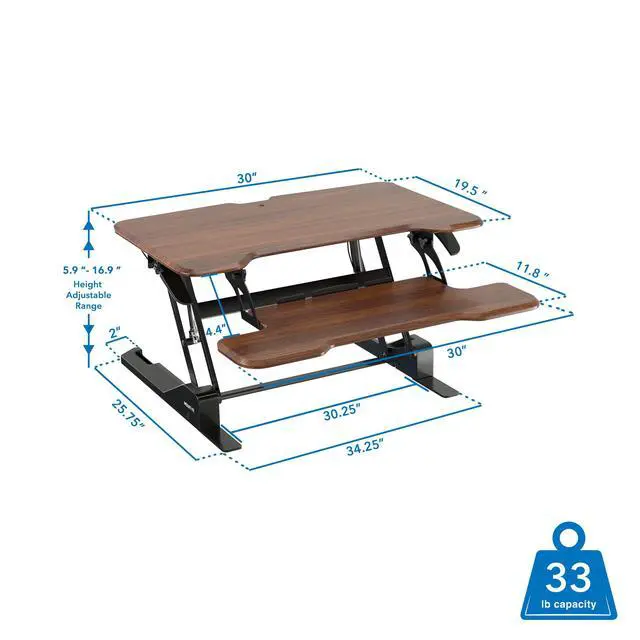Alt view image 4 of 7 - Height Adjustable Standing Desk Converter, Compact 30 Wide Tabletop Standing Desk Riser with Gas Spring, Desktop Stand Up Workstation with Keyboard Tray Fits Monitor or Laptop, Dark Walnut