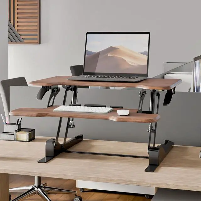 Alt view image 5 of 7 - Height Adjustable Standing Desk Converter, Compact 30 Wide Tabletop Standing Desk Riser with Gas Spring, Desktop Stand Up Workstation with Keyboard Tray Fits Monitor or Laptop, Dark Walnut