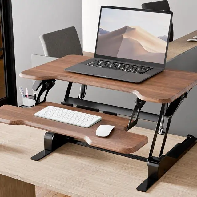 Alt view image 6 of 7 - Height Adjustable Standing Desk Converter, Compact 30 Wide Tabletop Standing Desk Riser with Gas Spring, Desktop Stand Up Workstation with Keyboard Tray Fits Monitor or Laptop, Dark Walnut