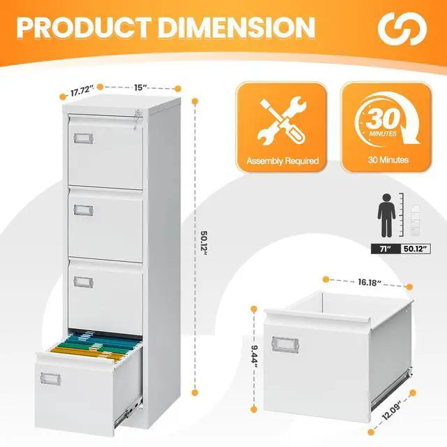 Alt view image 3 of 7 - 4 Drawer File Cabinet with Lock, Metal Filing Cabinets for Home Office, Vertical Black Locking File Caninet, Steel Narrow Four Drawer File Cabnet for Letter/Legal / A4 / B4- Assembly Required