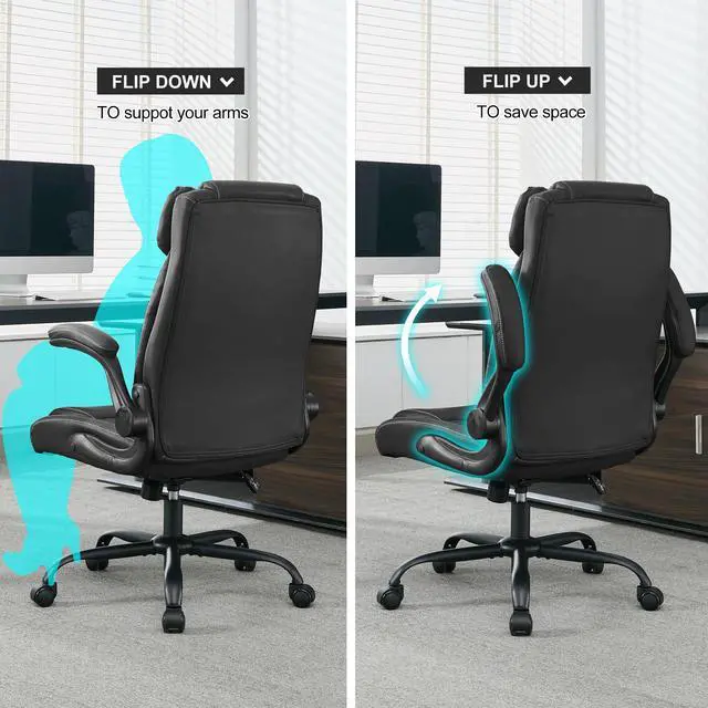 Alt view image 4 of 7 - Office Desk Chair,Ergonomic Conference Room Chairs,Mid Back Executive Leather Chair,Comfy Computer Desk Chairs with Adjustable Flip-Up Arms and Rocking Function (Black)