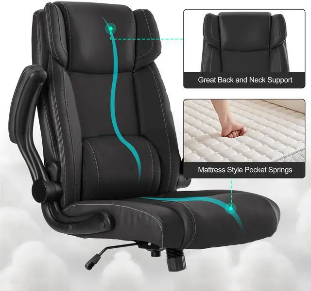 Alt view image 5 of 7 - Office Desk Chair,Ergonomic Conference Room Chairs,Mid Back Executive Leather Chair,Comfy Computer Desk Chairs with Adjustable Flip-Up Arms and Rocking Function (Black)