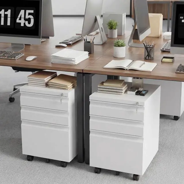 Alt view image 2 of 7 - 3 Drawer File Cabinet on Wheels,25.6" H White Filing Cabinet with Lock,Under Desk Metal File Cabinet for Home Office Organizer Letters/Legal/A4(Fully Assembled) (White)