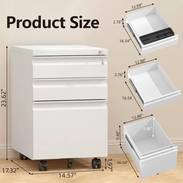 Alt view image 3 of 7 - 3 Drawer File Cabinet on Wheels,25.6" H White Filing Cabinet with Lock,Under Desk Metal File Cabinet for Home Office Organizer Letters/Legal/A4(Fully Assembled) (White)