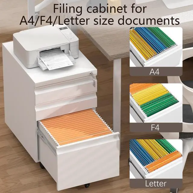 Alt view image 4 of 7 - 3 Drawer File Cabinet on Wheels,25.6" H White Filing Cabinet with Lock,Under Desk Metal File Cabinet for Home Office Organizer Letters/Legal/A4(Fully Assembled) (White)