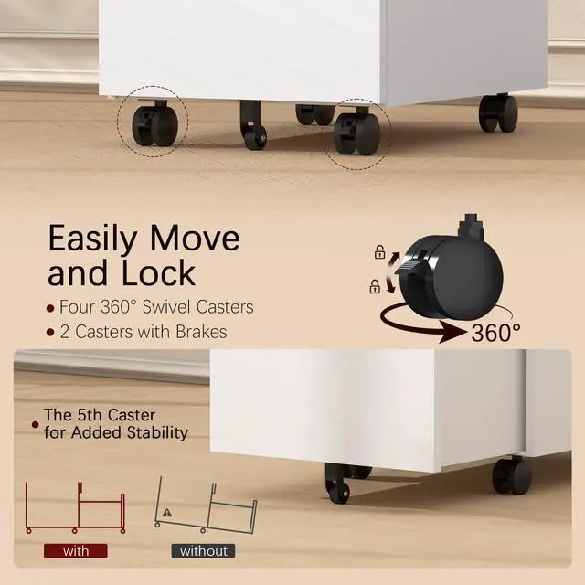 Alt view image 5 of 7 - 3 Drawer File Cabinet on Wheels,25.6" H White Filing Cabinet with Lock,Under Desk Metal File Cabinet for Home Office Organizer Letters/Legal/A4(Fully Assembled) (White)