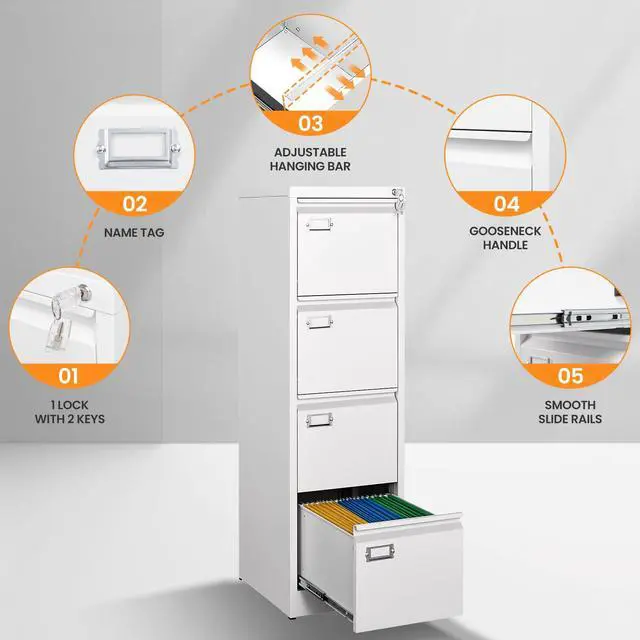 Alt view image 6 of 7 - 4 Drawer File Cabinet with Lock, Metal Filing Cabinets for Home Office, Vertical Black Locking File Caninet, Steel Narrow Four Drawer File Cabnet for Letter/Legal / A4 / B4- Assembly Required
