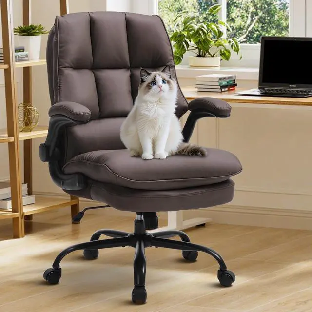 Main image of Comfy Office Chair Soft and Double Cushioned Ergonomic Computer Desk Chair | Suitable for Long Hours Executive Office Chair with Flip-up Armrests and Height Adjustment for Home Office Brown
