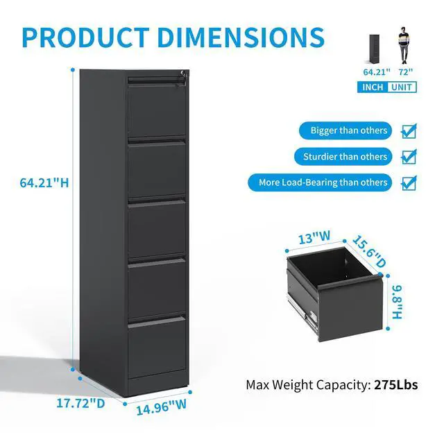 Alt view image 3 of 6 - 5 Drawer File Cabinet with Lock, Metal Filing Cabinets for Home Office | Vertical File Cabinet Heavy Duty Steel Office Storage Cabinet for Letter/Legal/A4 Size Files, Easy Assembly