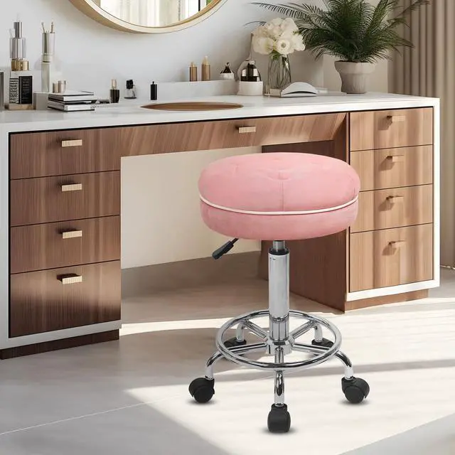 Alt view image 2 of 7 - Velet Rolling Bar Stool with Wheels, Tall Drafting Stool with Adjustable Height and Footrest, Multi-Purpose Office Desk Chair for Home Kitchen Shop Work, Pink (2PK)