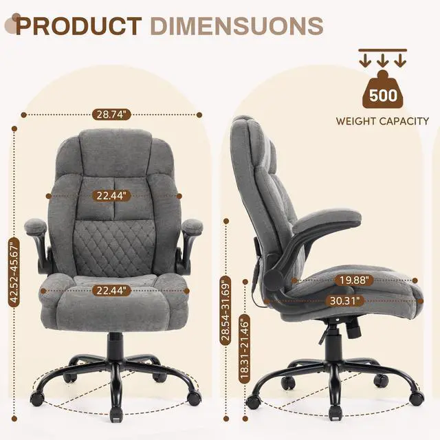 Alt view image 2 of 7 - Massage Office Chair, 500LBS Ergonomic Rocking Executive Desk Chairs with 4 Points Vibration&Heat,Padded Flip-up Armrests for Big and Tall Office Chair,Swivel Computer Chair Thicken Back,Grey