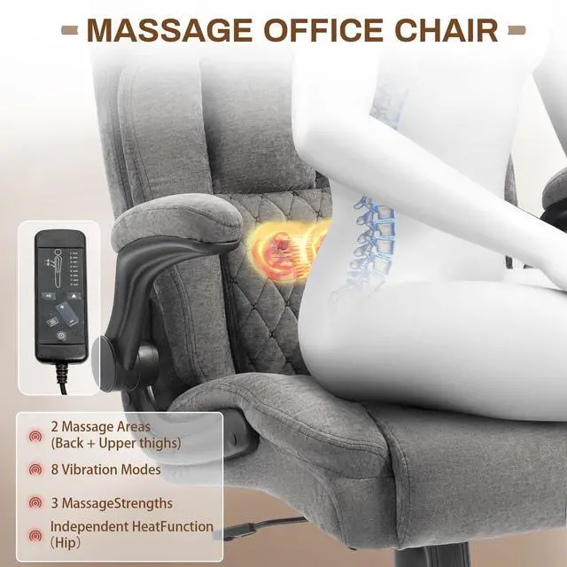 Alt view image 3 of 7 - Massage Office Chair, 500LBS Ergonomic Rocking Executive Desk Chairs with 4 Points Vibration&Heat,Padded Flip-up Armrests for Big and Tall Office Chair,Swivel Computer Chair Thicken Back,Grey